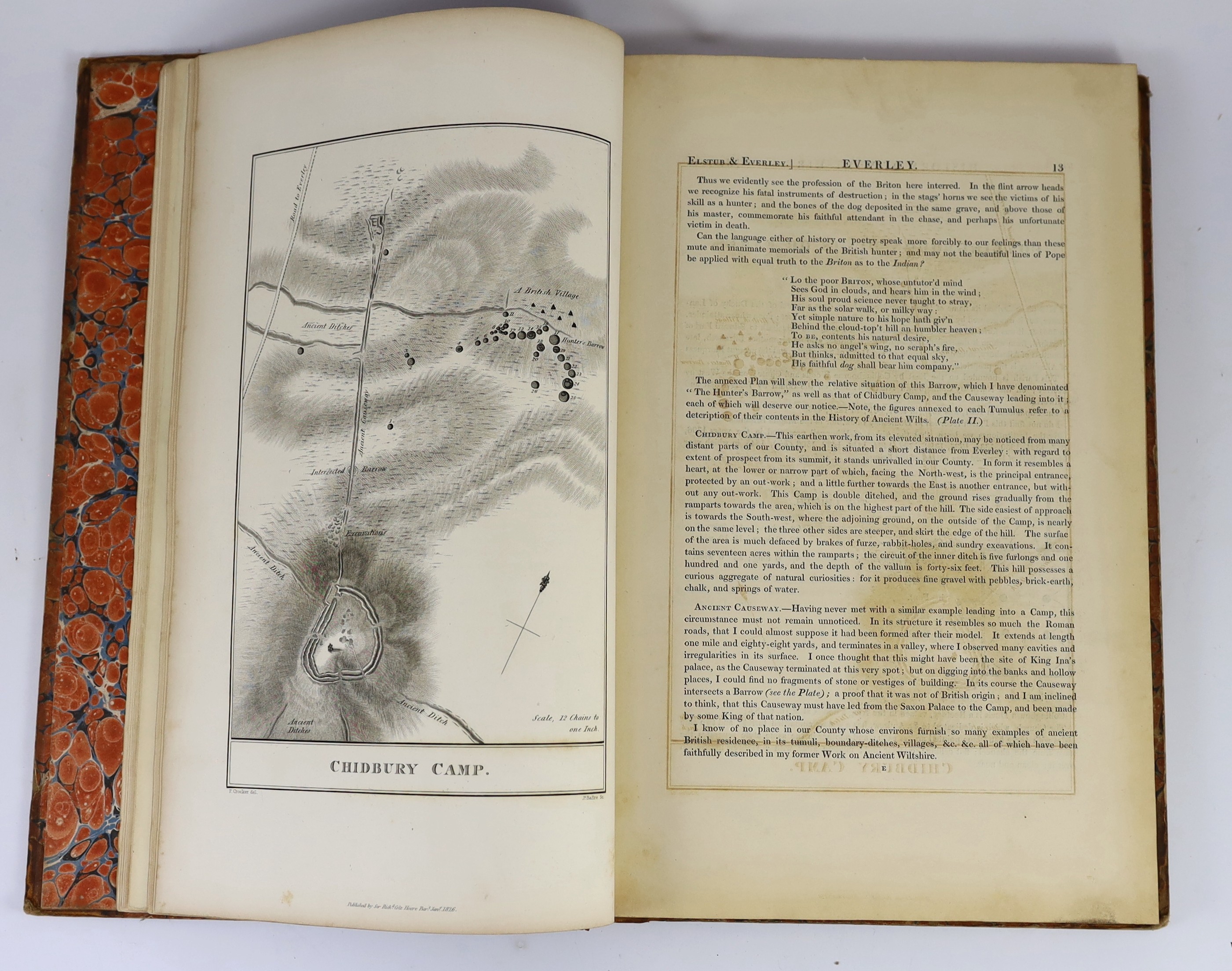 WILTSHIRE - Hoare, Richard Colt, Sir - The History of Modern Wiltshire - Hundreds of Everley, Ambresbury and Underditch, [covers Stonehenge], folio, half calf, with a double folding page map and 16 plates, boards scuffed